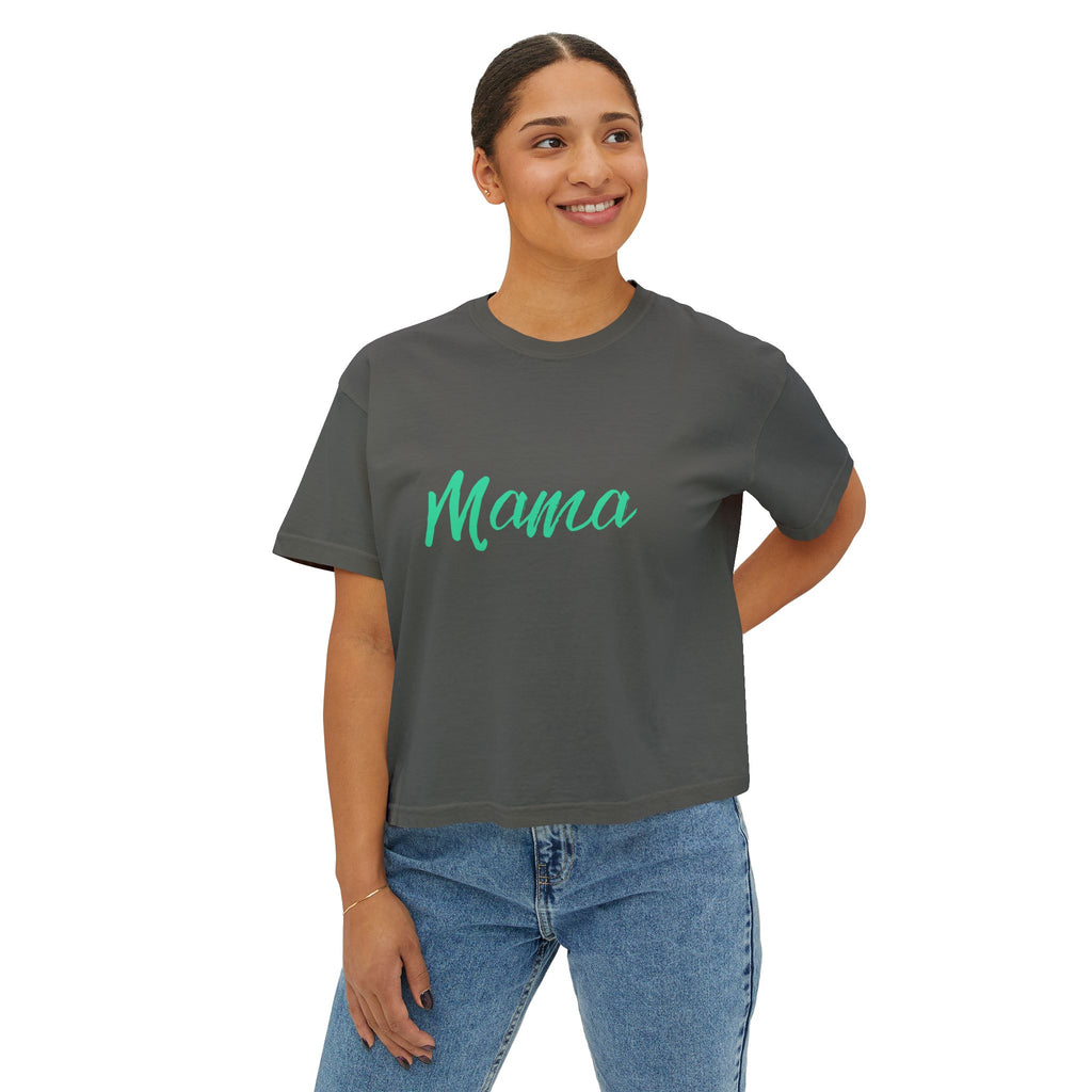 Mama Boxy Tee — Casual Women's Cropped Mom Shirt (Mint Script)