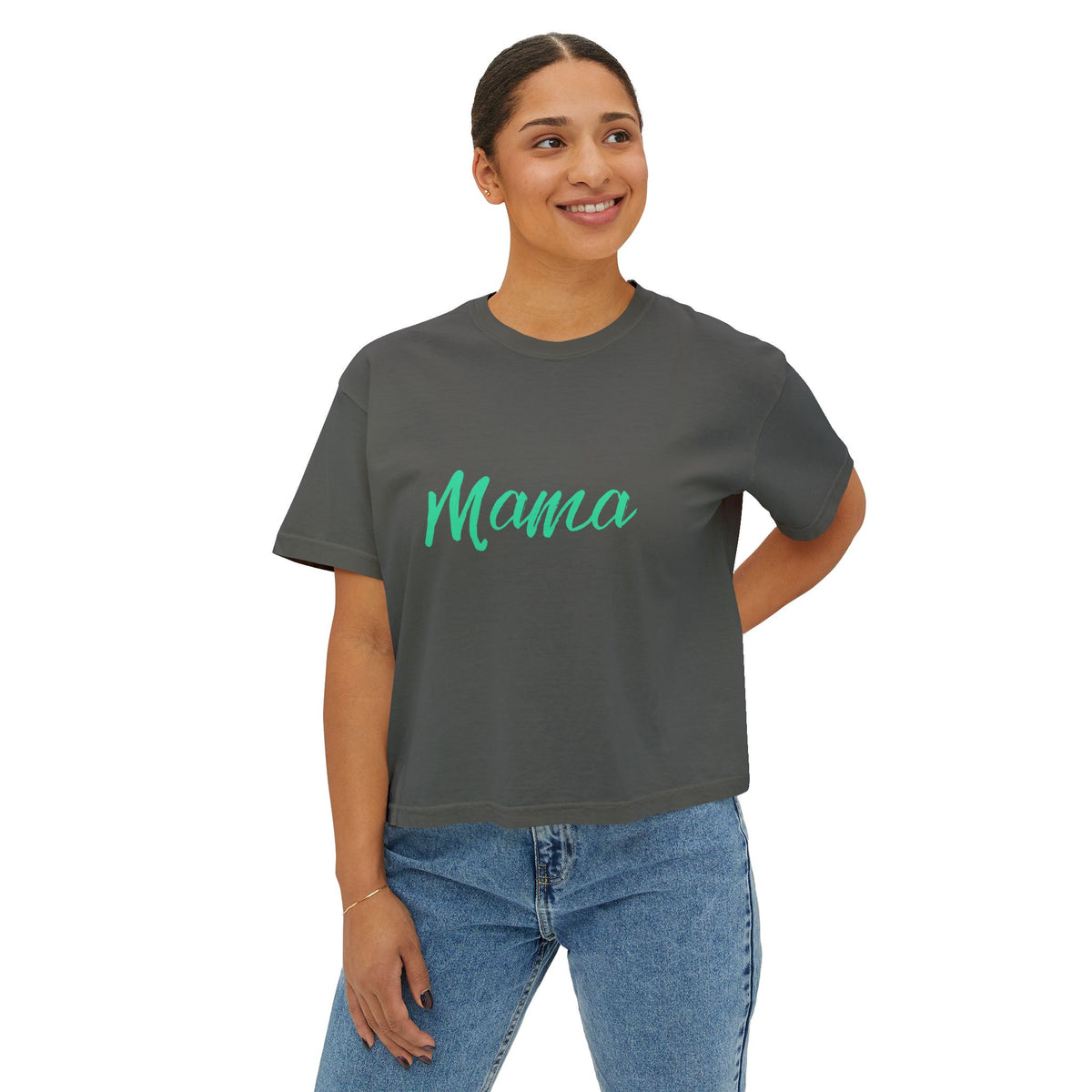 Mama Boxy Tee — Casual Women's Cropped Mom Shirt (Mint Script)