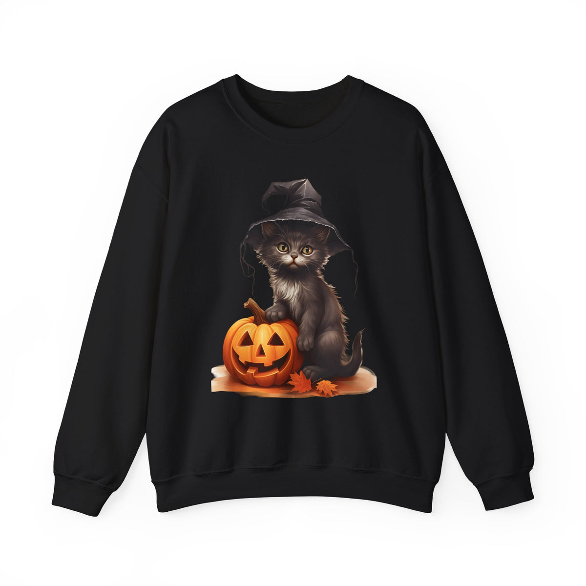 Halloween Witch Cat Sweatshirt — Cute Black Kitten with Jack-O'-Lantern