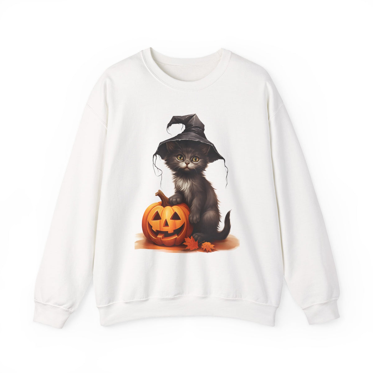 Halloween Witch Cat Sweatshirt — Cute Black Kitten with Jack-O'-Lantern