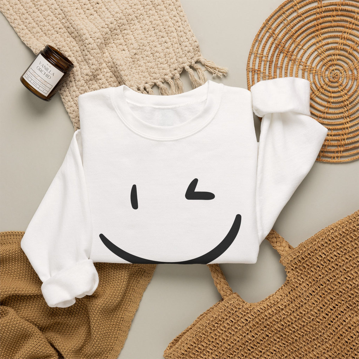 Smile Winking Sweatshirt — Cute Minimal Graphic Crewneck