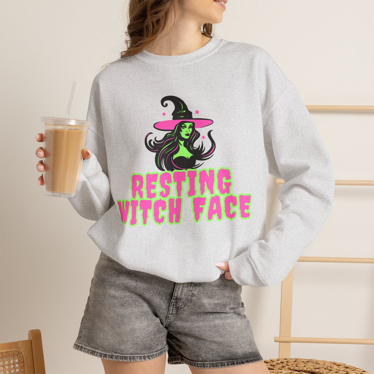 Resting Witch Face Sweatshirt - Neon Green Witch Halloween Crewneck