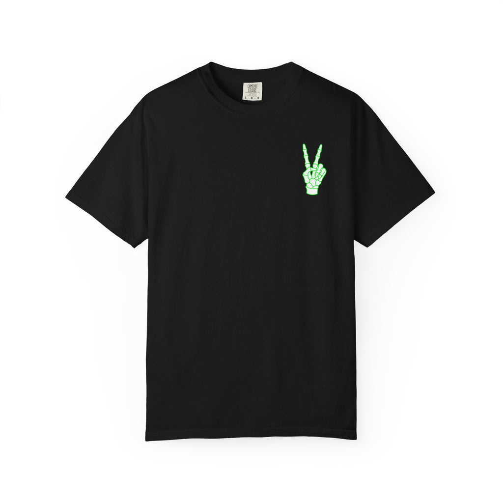 Skeleton Neon Peace Sign T-Shirt — Small Green Skeleton Peace Graphic