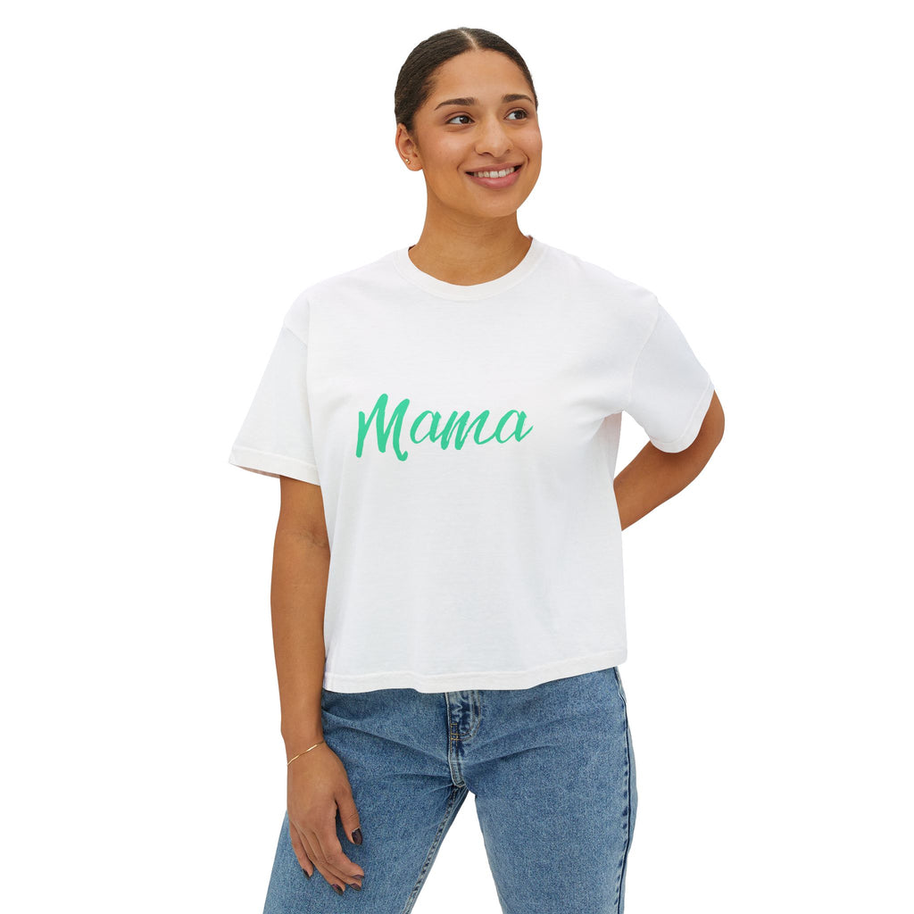 Mama Boxy Tee — Casual Women's Cropped Mom Shirt (Mint Script)