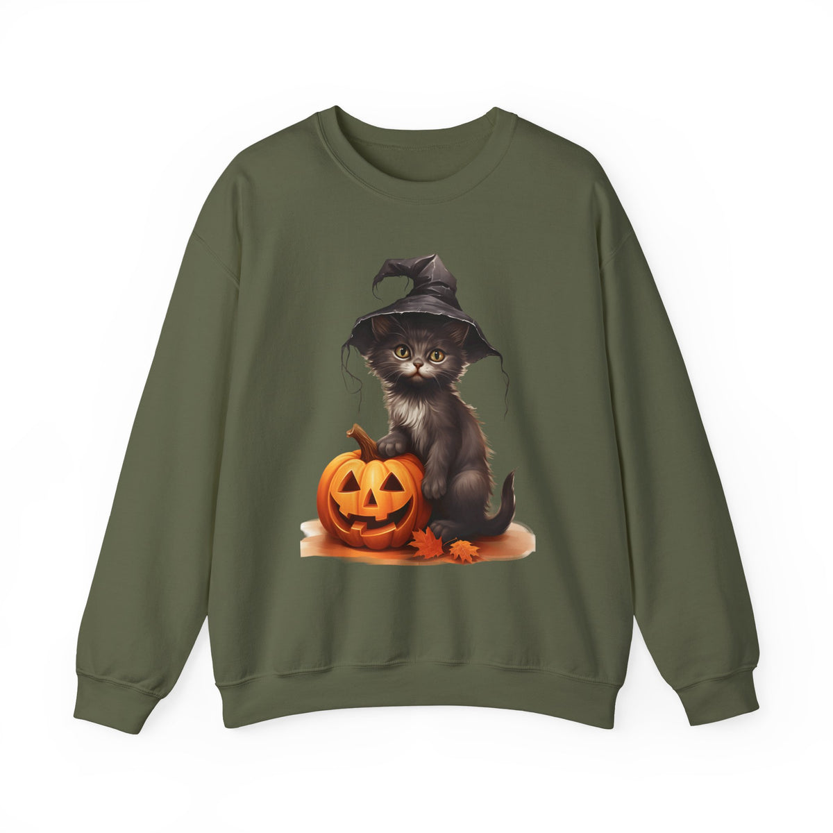 Halloween Witch Cat Sweatshirt — Cute Black Kitten with Jack-O'-Lantern