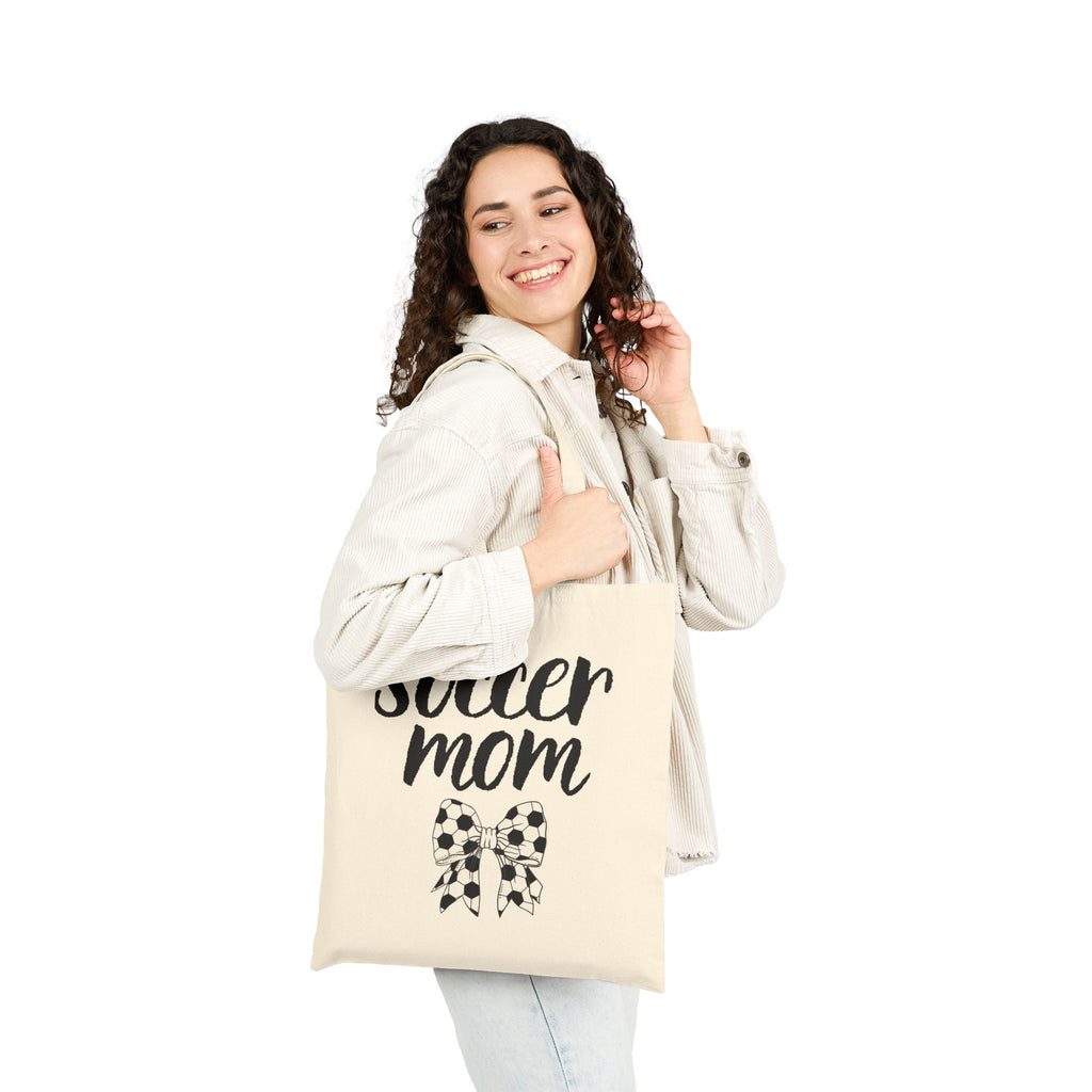 Soccer Mom Canvas Tote Bag — Soccer Ball Bow, Game Day Mom Gift