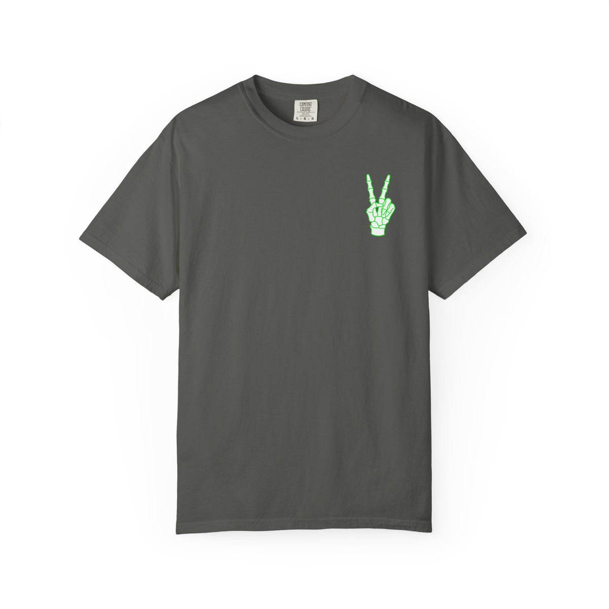 Skeleton Neon Peace Sign T-Shirt — Small Green Skeleton Peace Graphic