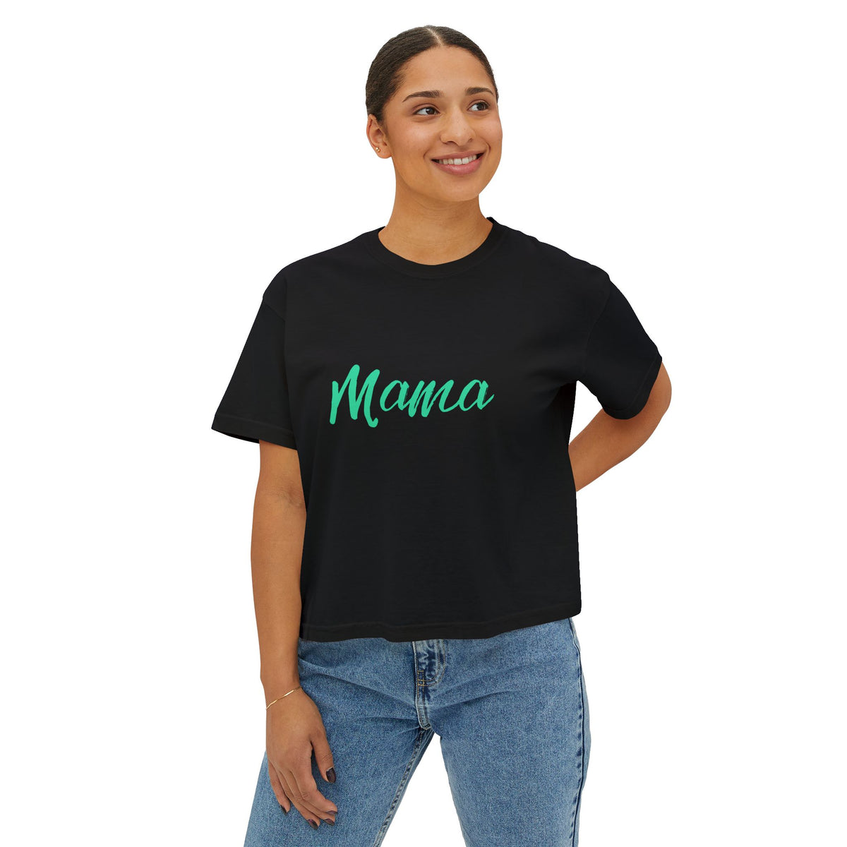 Mama Boxy Tee — Casual Women's Cropped Mom Shirt (Mint Script)