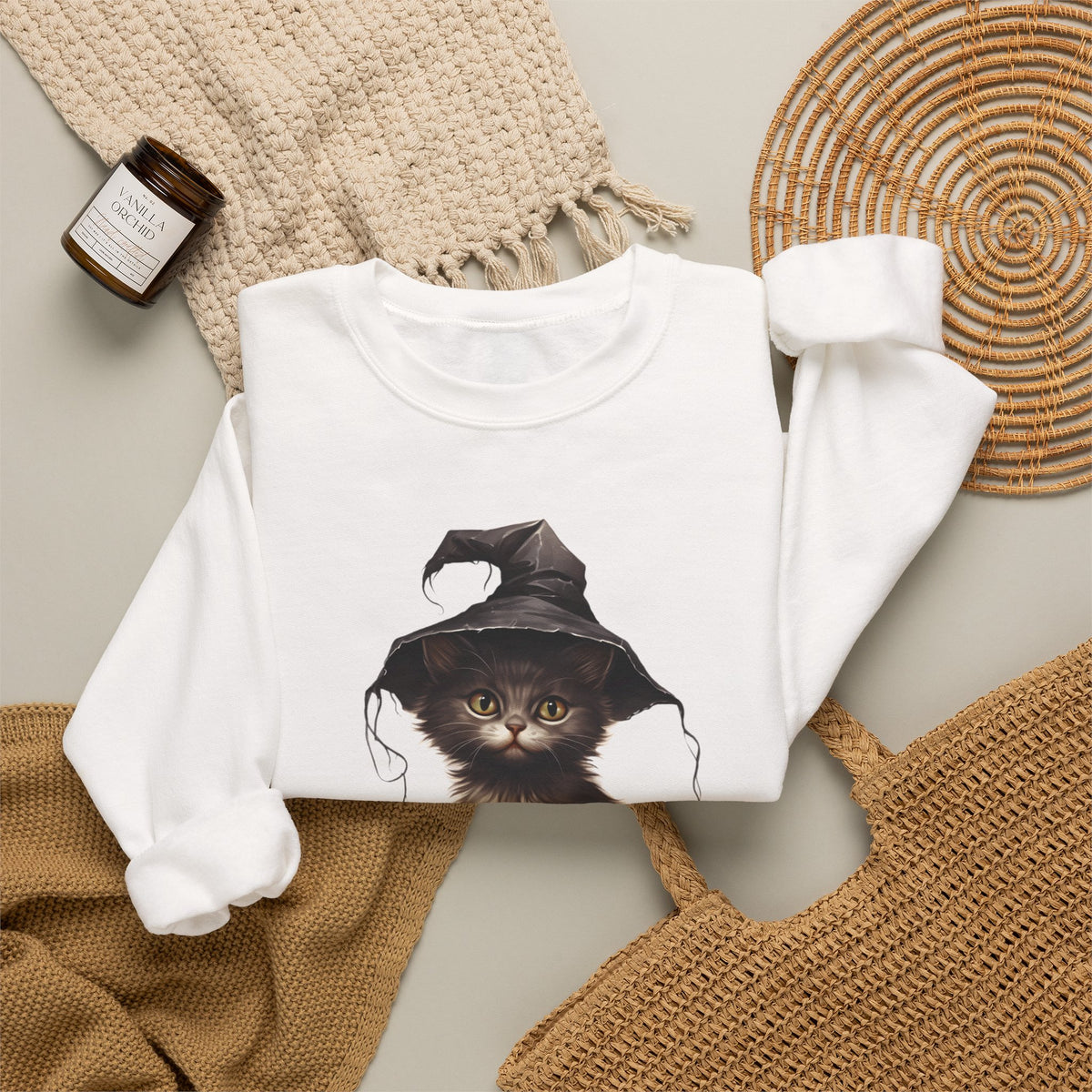 Halloween Witch Cat Sweatshirt — Cute Black Kitten with Jack-O'-Lantern