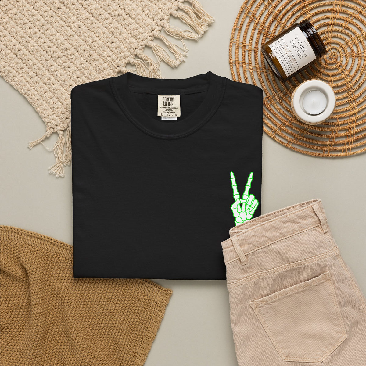 Skeleton Neon Peace Sign T-Shirt — Small Green Skeleton Peace Graphic