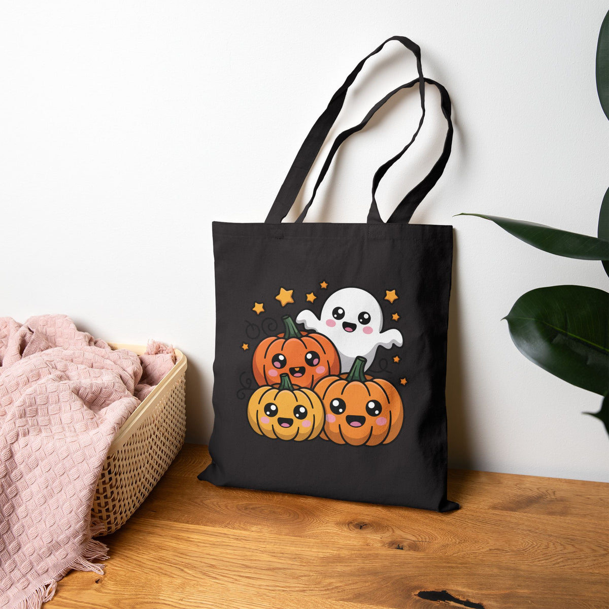 Halloween Pumpkin Ghost Tote Bag — Cute Spooky Cotton Canvas Grocery Tote